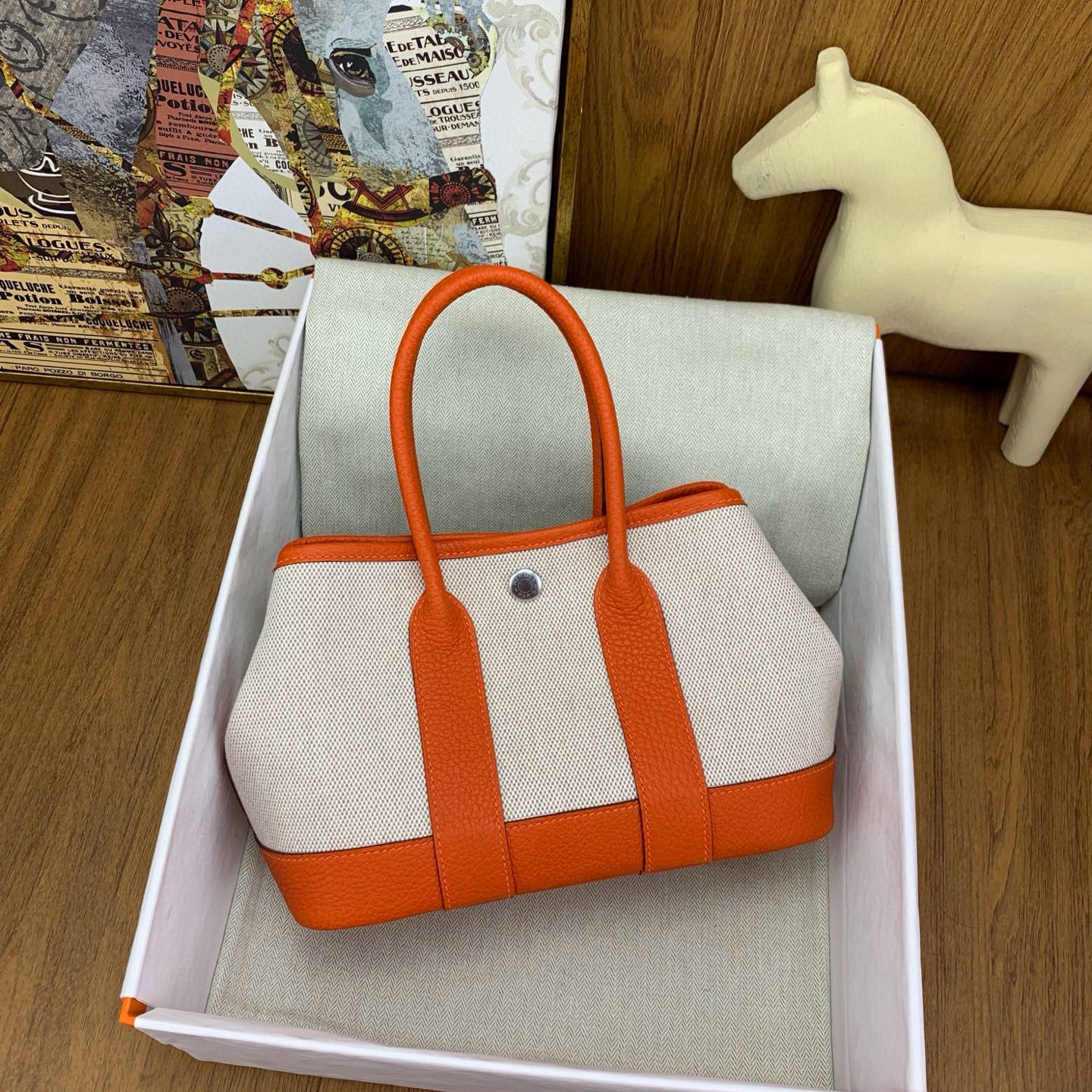 Hermes Neo Garden Party 23 Bag in Canvas and Orange Negonda Calfskin - Image 4