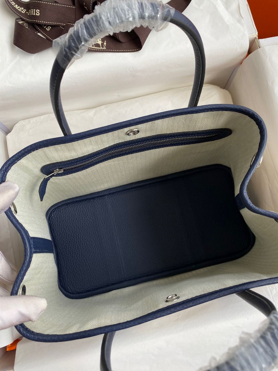 Hermes Garden Party 30 Handmade Bag in Toile and Blue Leather - Image 8