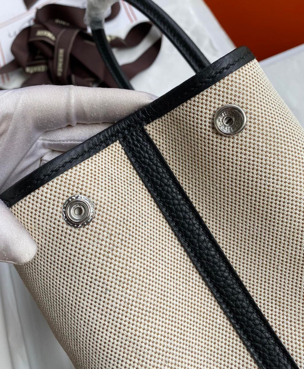 Hermes Garden Party 30 Handmade Bag in Toile and Black Leather - Image 6