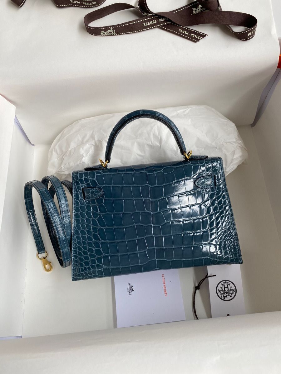 Hermes Kelly Mini II Sellier Handmade Bag In Blue Jean Shiny Alligator Leather - Image 3
