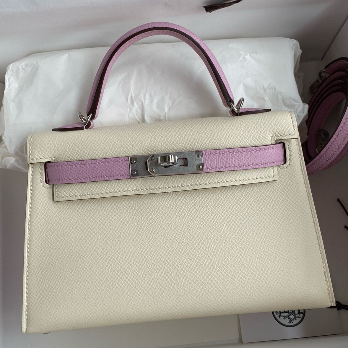 Hermes Kelly Mini II Sellier Bicolor Handmade Bag in Nata and Mauve Sylvestre Epsom Calfskin