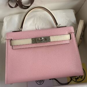 Hermes Kelly Mini II Sellier Bicolor Handmade Bag in Rose Sakura and Nata Chevre Mysore Leather