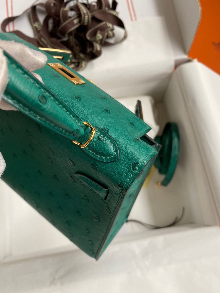 Hermes Kelly Mini II Sellier Handmade Bag In Vert Vertigo Ostrich Leather - Image 7
