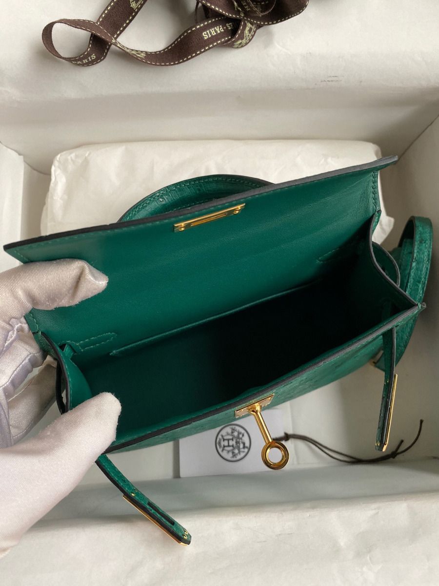 Hermes Kelly Mini II Sellier Handmade Bag In Vert Vertigo Ostrich Leather - Image 9
