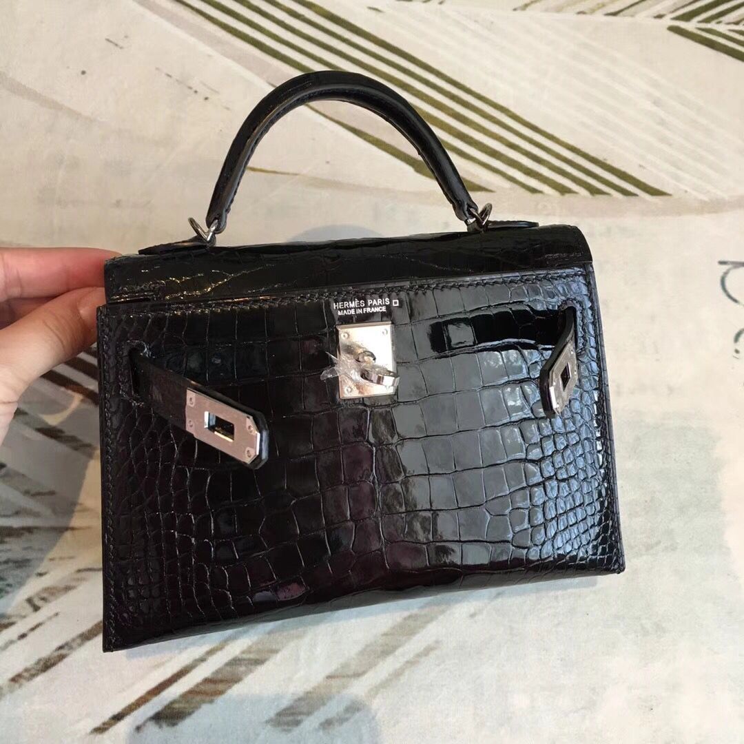 Hermes Kelly Mini II Handmade Bag In Black Alligator Crocodile - Image 7