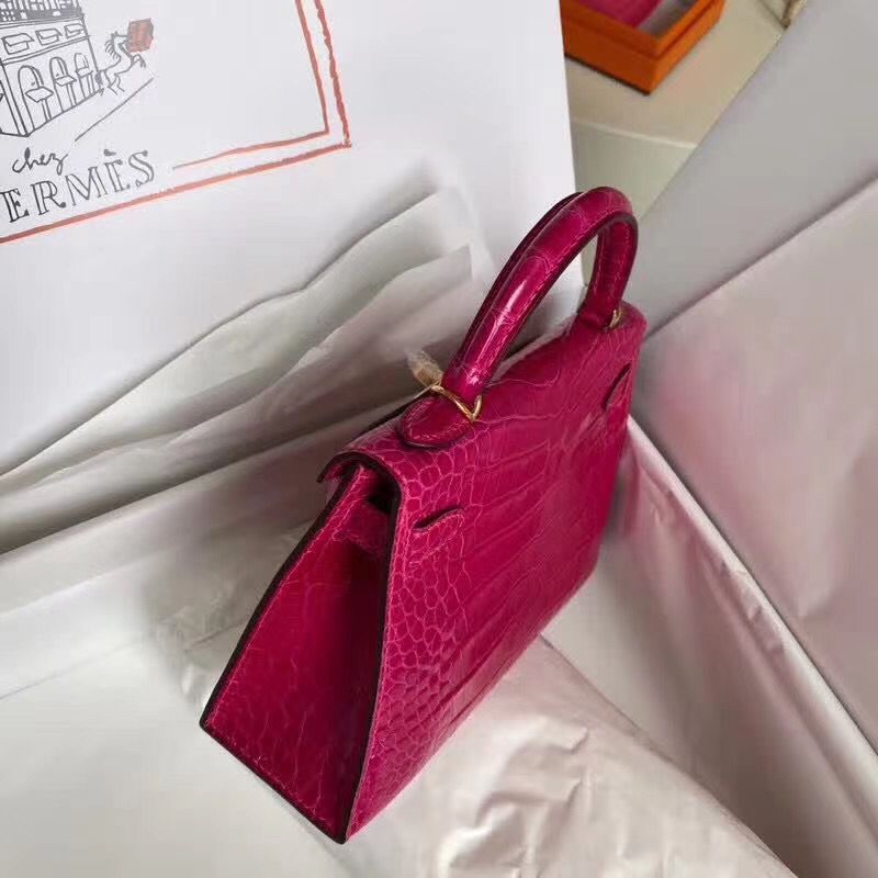 Hermes Kelly Mini II Handmade Bag In Rose Red Alligator Crocodile - Image 7