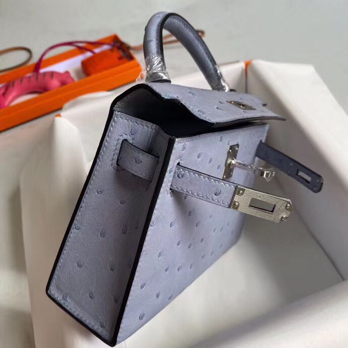 Hermes Kelly Mini II Handmade Bag In Blue Lin Ostrich Leather - Image 6