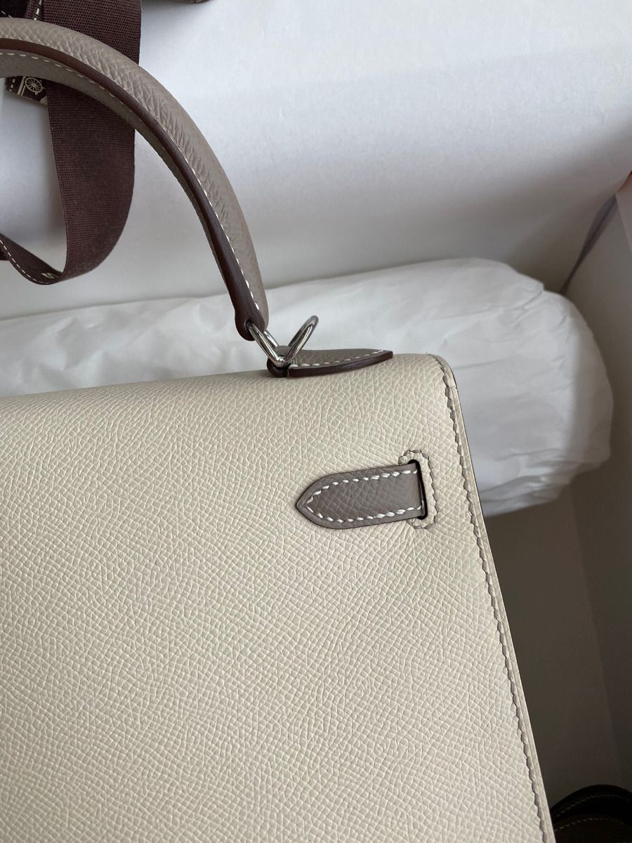Hermes Kelly Sellier 25 Bicolor Bag in Craie and Gris Asphalt Epsom Calfskin - Image 5