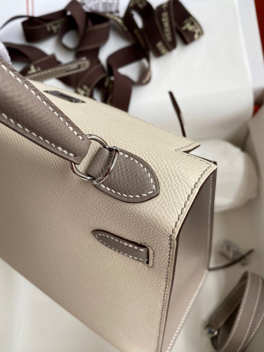 Hermes Kelly Sellier 25 Bicolor Bag in Craie and Gris Asphalt Epsom Calfskin - Image 7