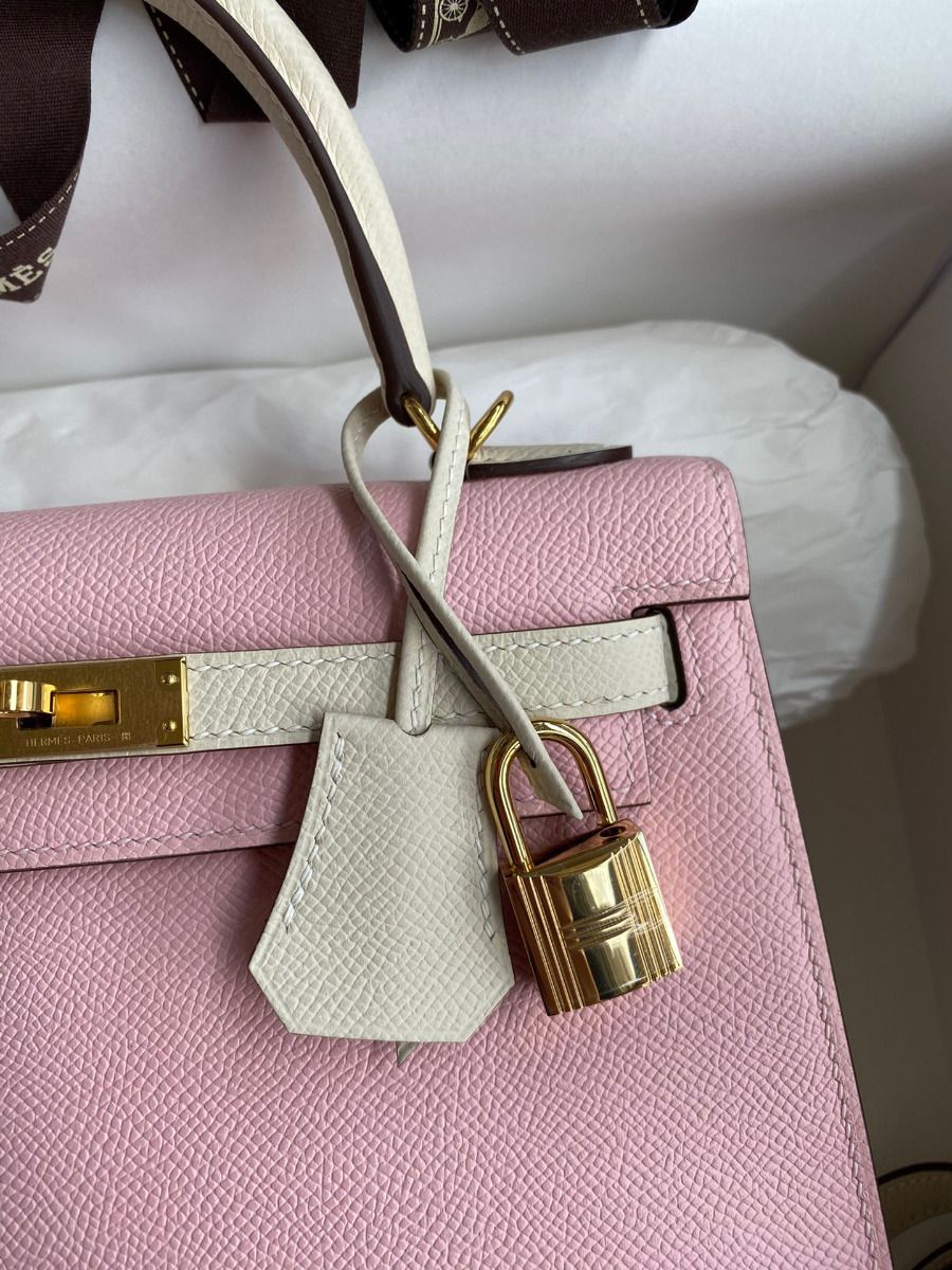 Hermes Kelly Sellier 25 Bicolor Bag in Rose Sakura and Craie Epsom Calfskin - Image 4
