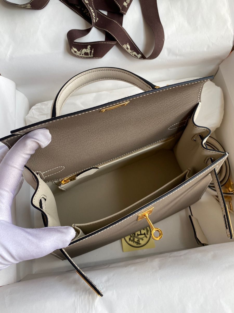 Hermes Kelly Sellier 25 Bicolor Bag in Taupe and Craie Epsom Calfskin - Image 9