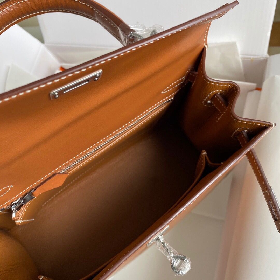 Hermes Kelly Sellier 25 Handmade Bag in Caramel Box Calfskin - Image 9