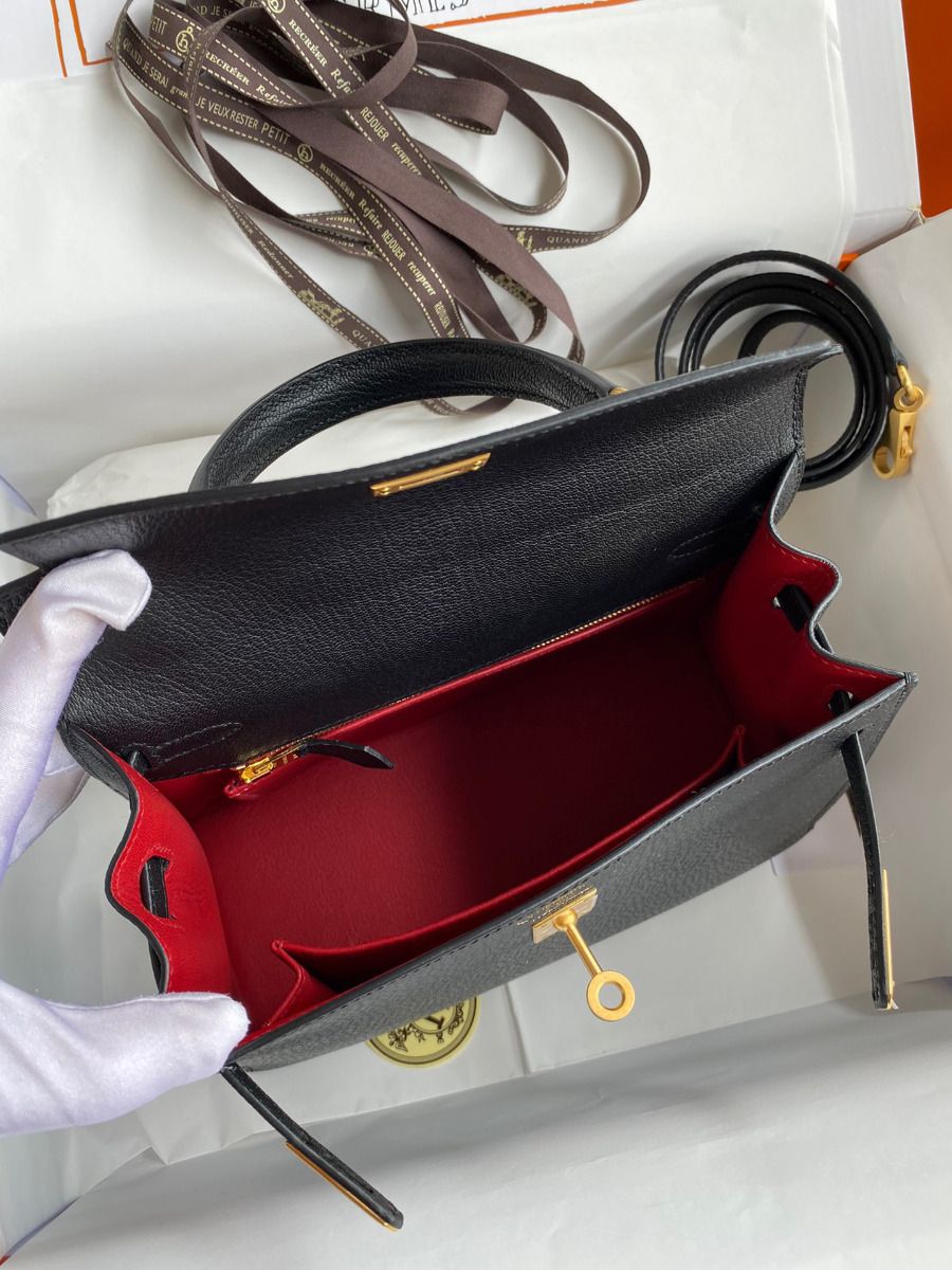 Hermes Kelly Sellier 25 Handmade Bag In Black Mysore Goatskin - Image 9