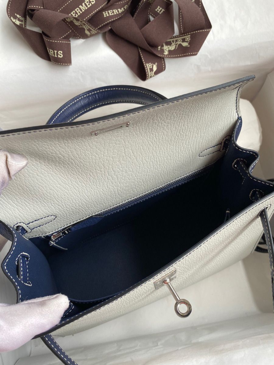 Hermes Kelly Sellier 25 Bicolor Bag in Pearl Grey and Blue Mysore Goatskin - Image 9