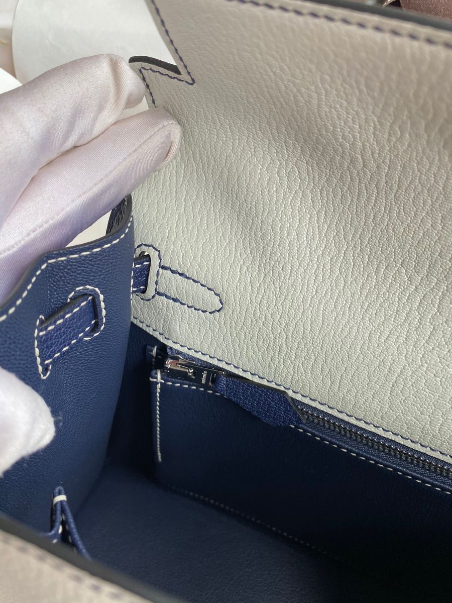 Hermes Kelly Sellier 25 Bicolor Bag in Pearl Grey and Blue Mysore Goatskin - Image 10