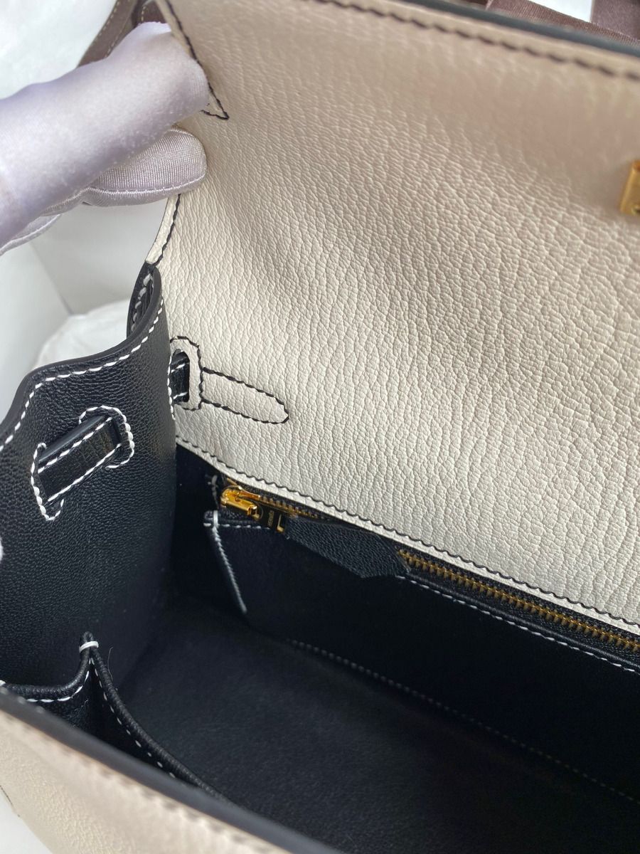 Hermes Kelly Sellier 25 Bicolor Bag in White and Black Mysore Goatskin - Image 10