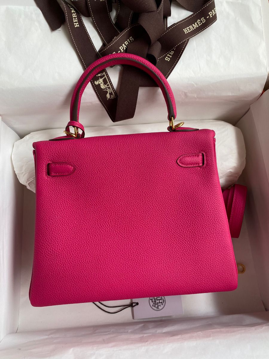 Hermes Kelly Retourne 25 Handmade Bag In Framboise Clemence Leather - Image 3