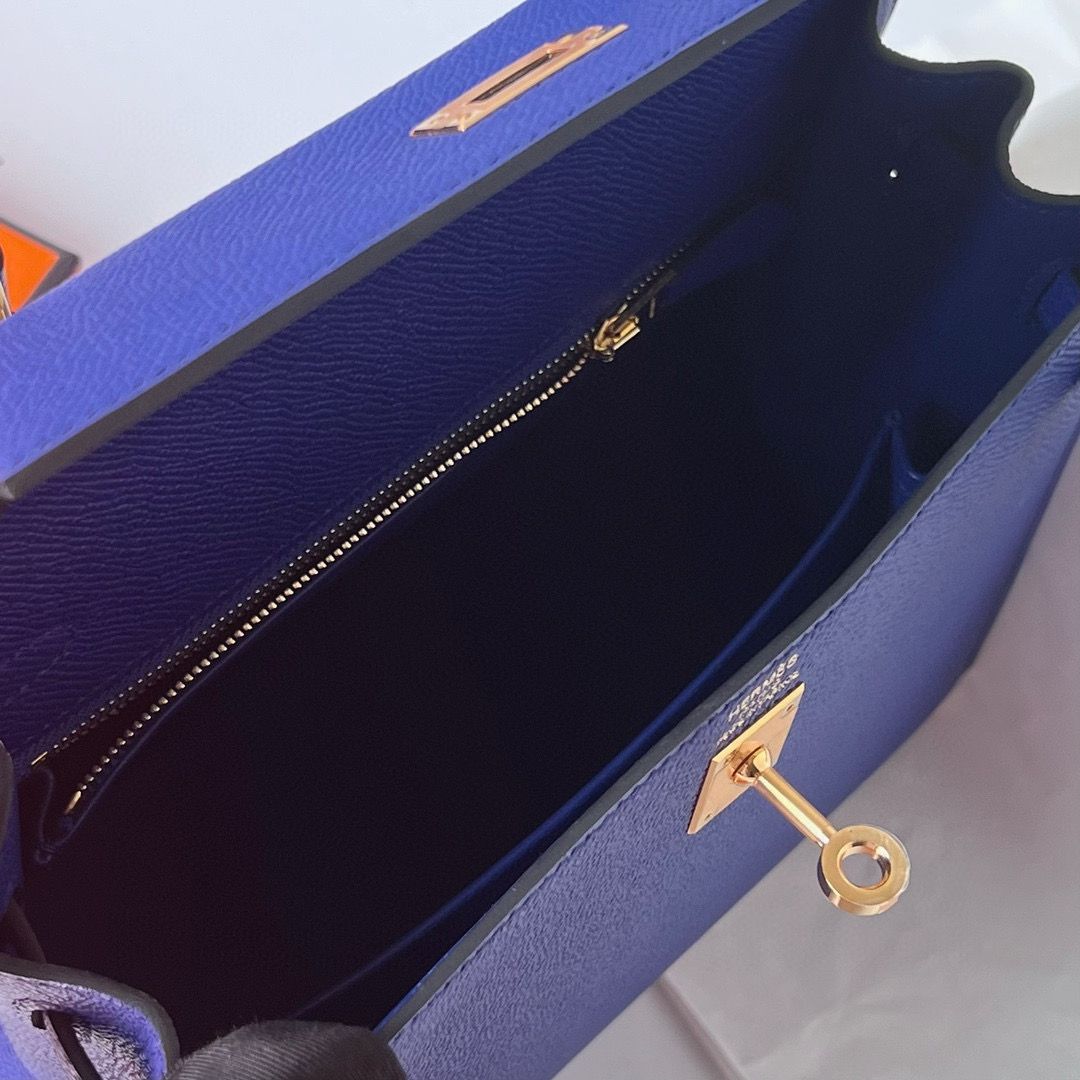 Hermes Kelly Sellier 25 Handmade Bag in Blue Electric Epsom Calfskin - Image 10
