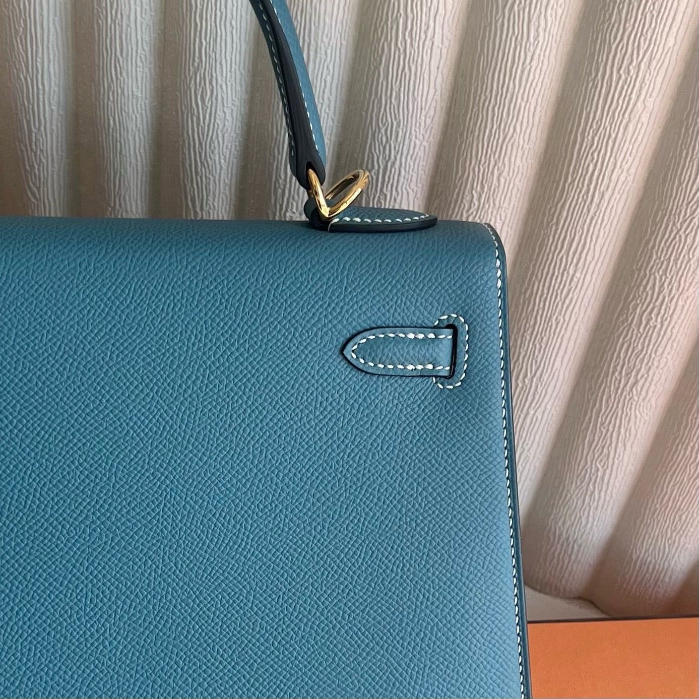 Hermes Kelly Sellier 25 Handmade Bag in New Blue Jean Epsom Calfskin - Image 6