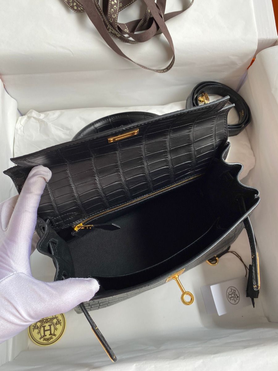 Hermes Kelly Retourne 25 Handmade Bag In Black Crocodile Niloticus Matte Skin - Image 7
