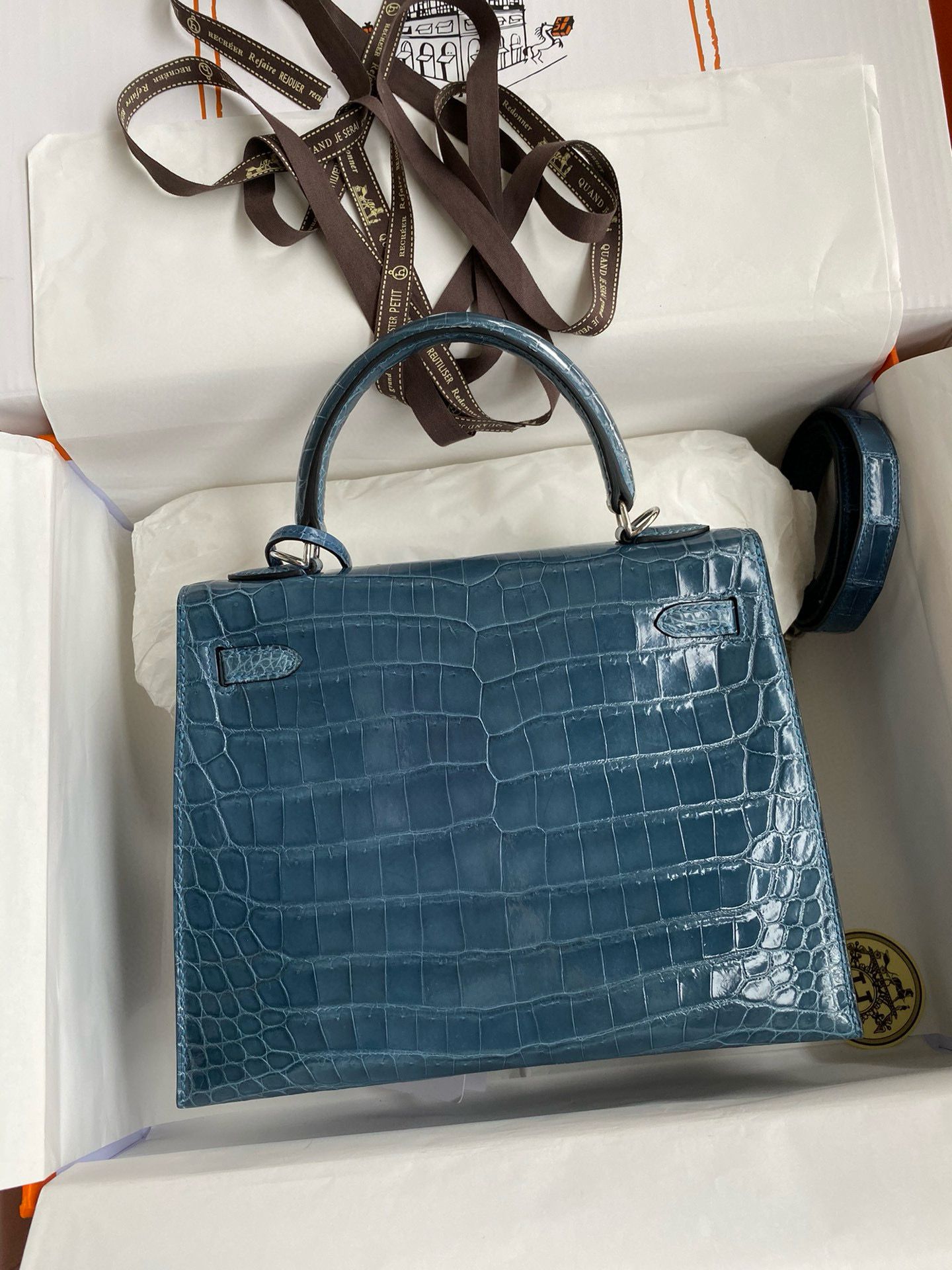 Hermes Kelly Retourne 25 Handmade Bag Blue Jean Crocodile Niloticus Shiny Skin - Image 3