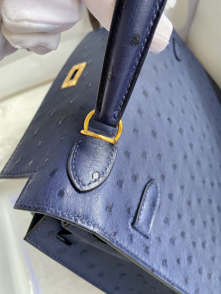 Hermes Kelly Sellier 25 Handmade Bag In Blue Iris Ostrich Leather - Image 10