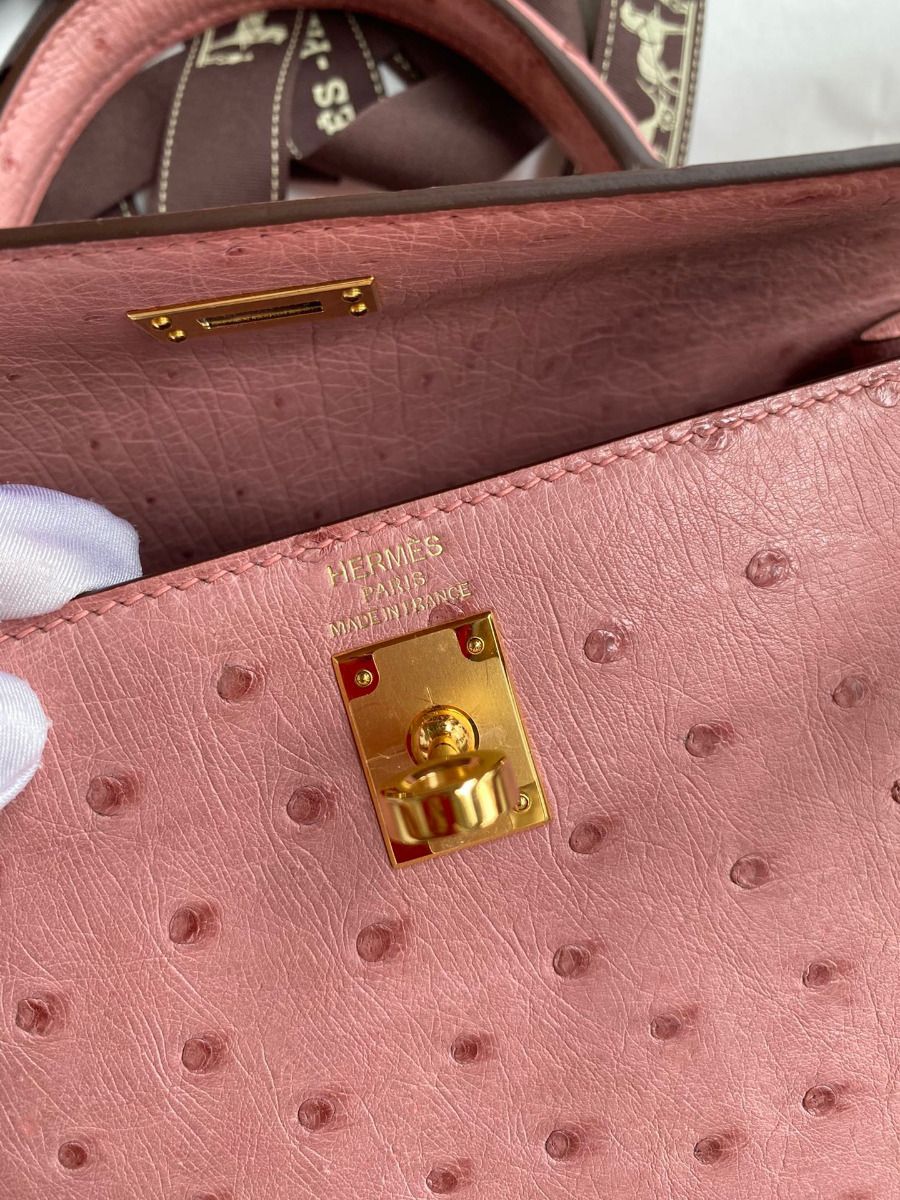 Hermes Kelly Sellier 25 Handmade Bag In Terre Cuite Ostrich Leather - Image 8
