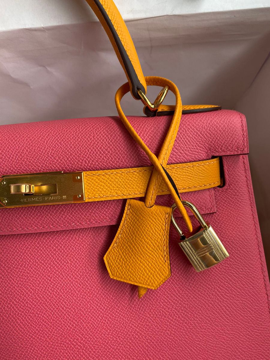 Hermes Kelly Sellier 28 Bicolor Bag in Rose Lipstick and Yellow Epsom Calfskin - Image 4