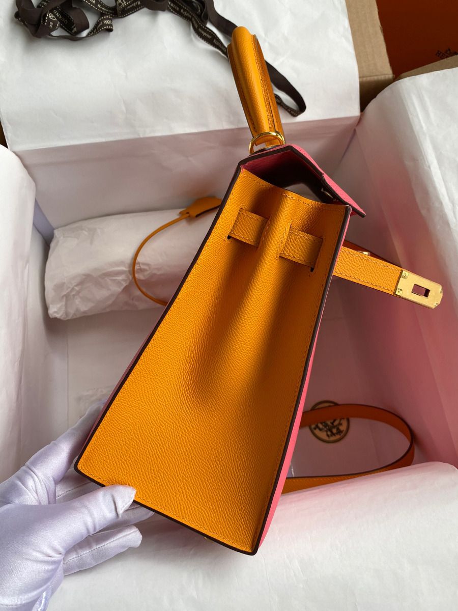 Hermes Kelly Sellier 28 Bicolor Bag in Rose Lipstick and Yellow Epsom Calfskin - Image 6