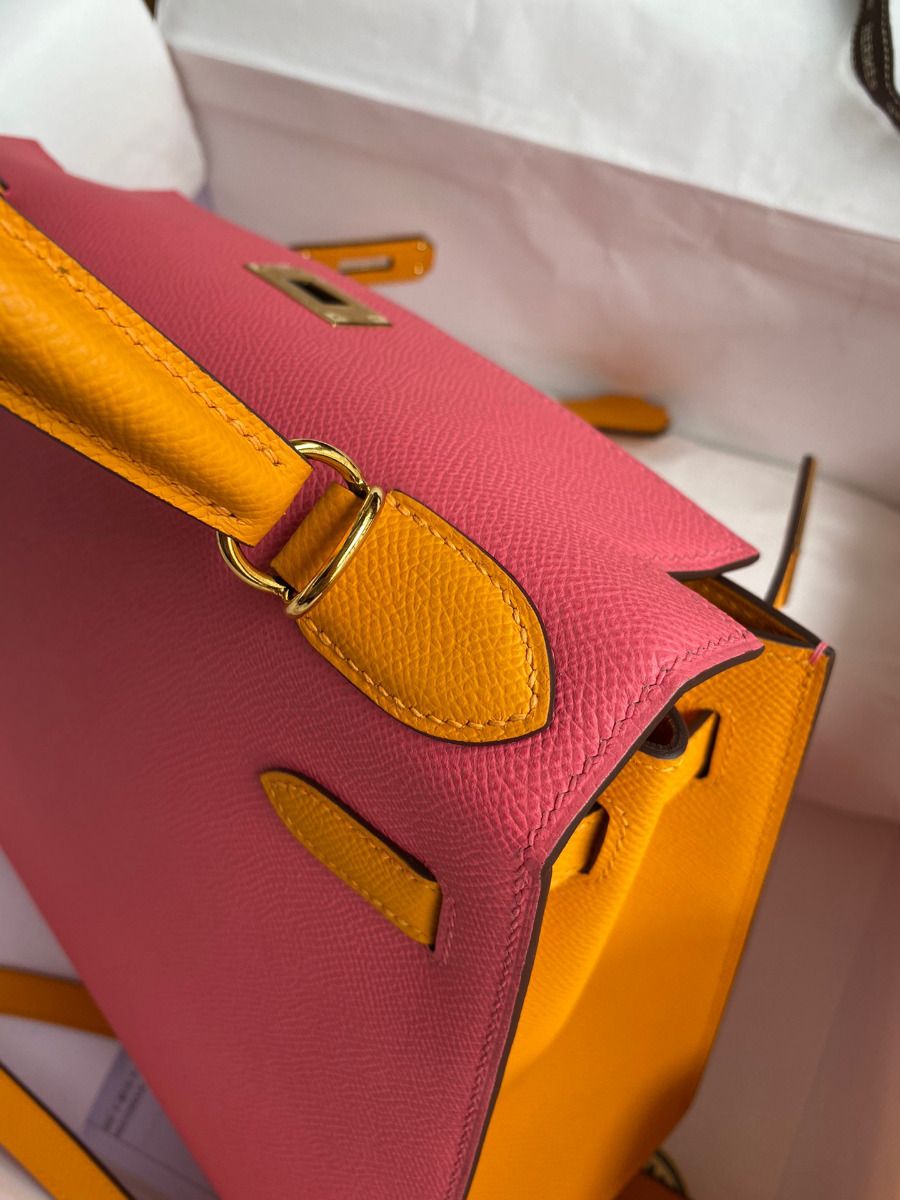 Hermes Kelly Sellier 28 Bicolor Bag in Rose Lipstick and Yellow Epsom Calfskin - Image 7
