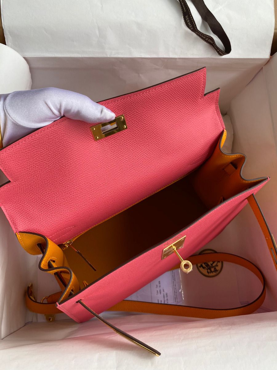 Hermes Kelly Sellier 28 Bicolor Bag in Rose Lipstick and Yellow Epsom Calfskin - Image 8
