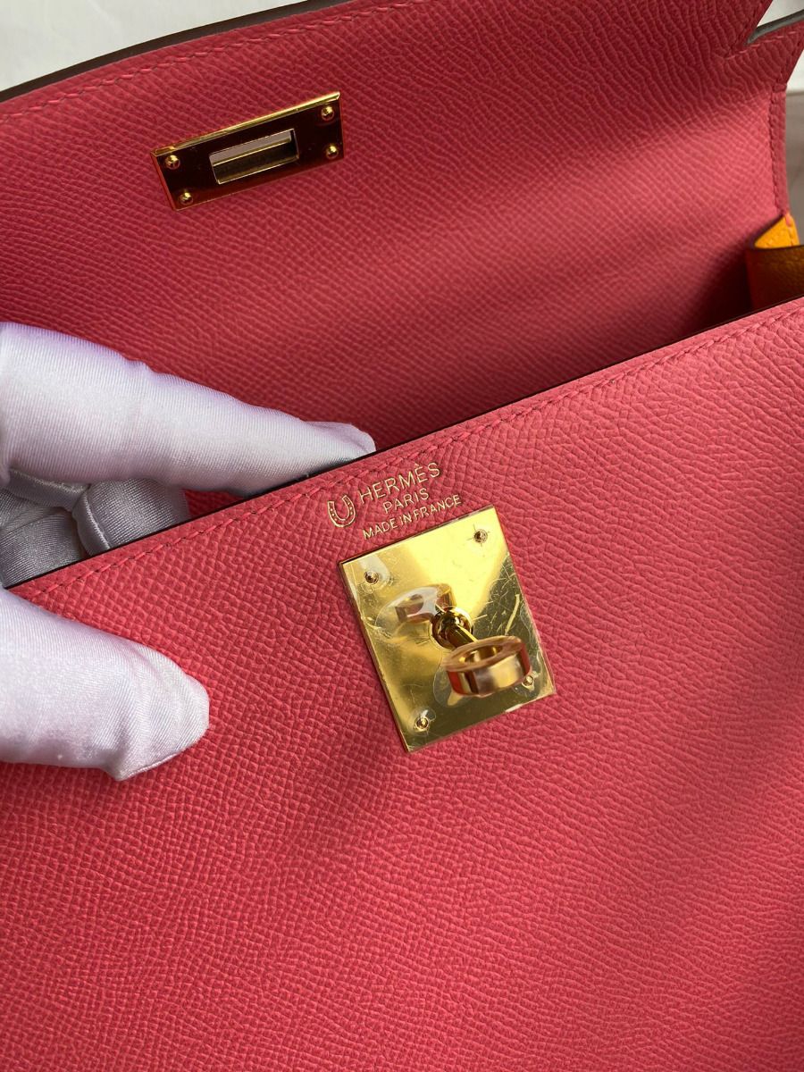 Hermes Kelly Sellier 28 Bicolor Bag in Rose Lipstick and Yellow Epsom Calfskin - Image 9