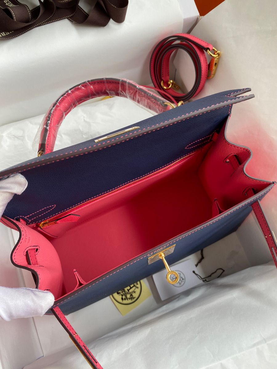 Hermes Kelly Sellier 28 Bicolor Bag in Blue Saphir and Rose Lipstick Epsom Calfskin - Image 9