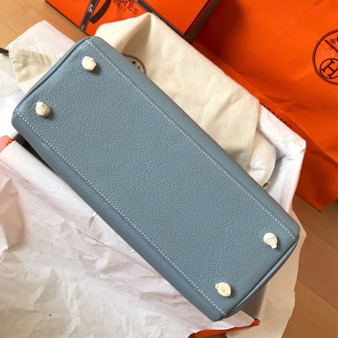Hermes Kelly Retourne 28 Handmade Bag In Blue Lin Clemence Leather - Image 6