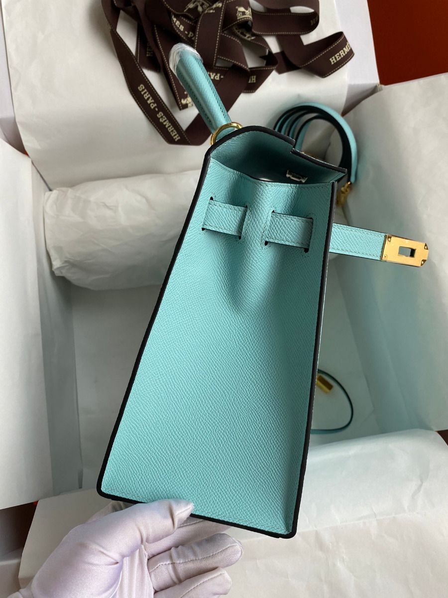 Hermes Kelly Sellier 28 Handmade Bag In Blue Atoll Epsom Calfskin - Image 6