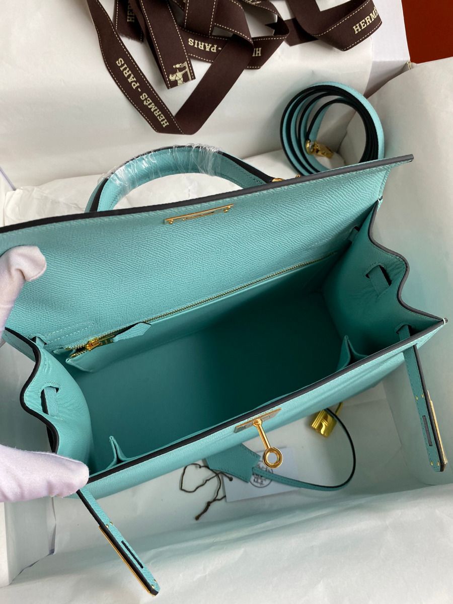 Hermes Kelly Sellier 28 Handmade Bag In Blue Atoll Epsom Calfskin - Image 9