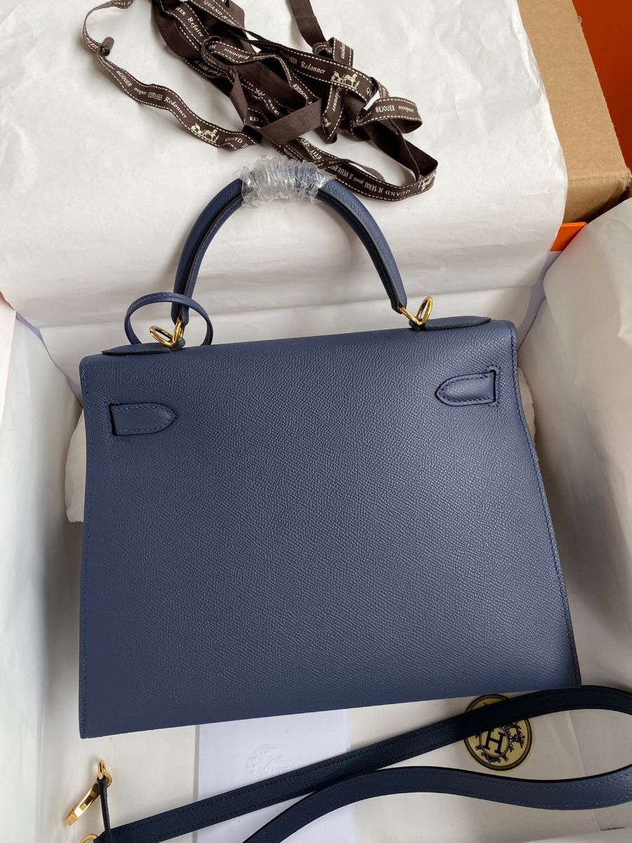 Hermes Kelly Sellier 28 Handmade Bag In Blue Saphir Epsom Calfskin - Image 3