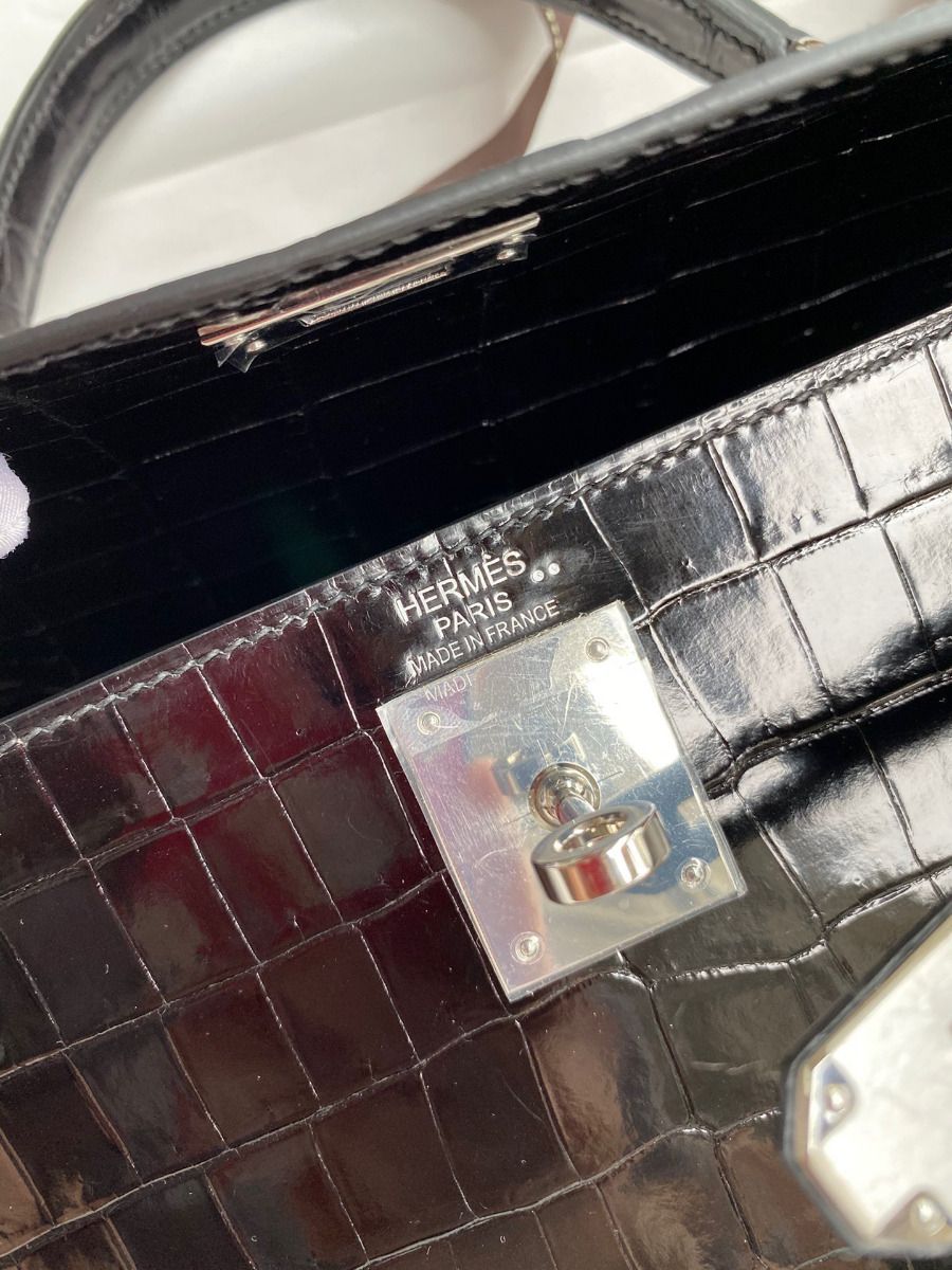 Hermes Kelly Sellier 28 Handmade Bag In Black Crocodile Niloticus Shiny Skin - Image 8