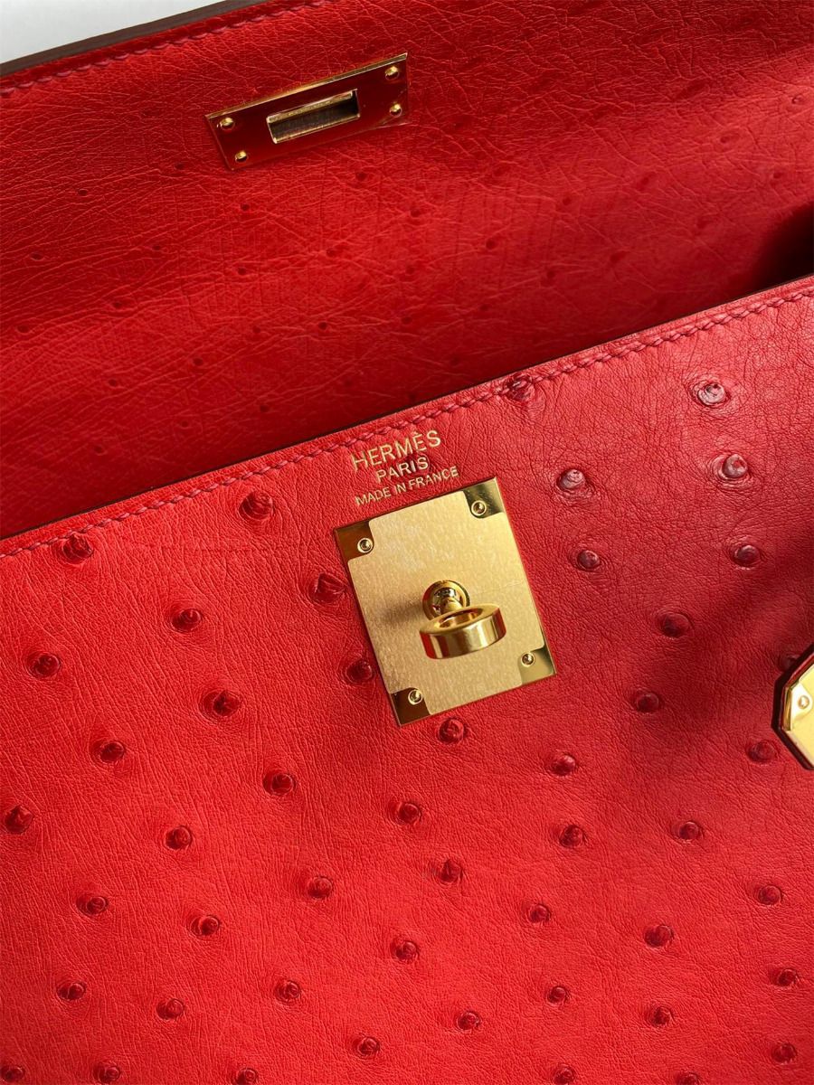Hermes Kelly Sellier 28 Handmade Bag In Red Ostrich Leather - Image 9