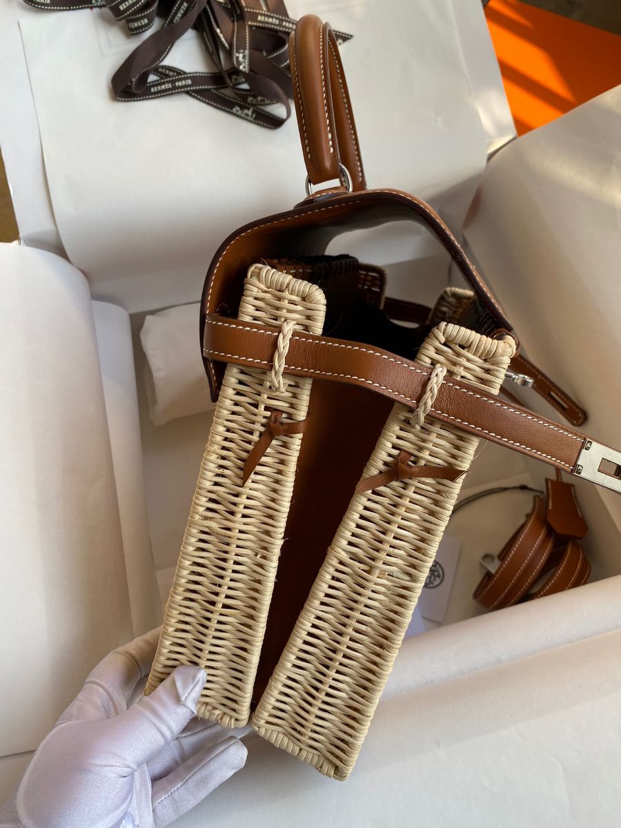 Hermes Picnic Kelly 28cm Bag in Wicker with Barenia Leather - Image 7