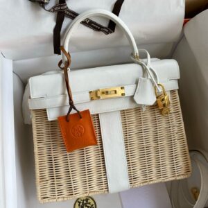 Hermes Picnic Kelly 28cm Bag in Wicker with White Barenia Leather