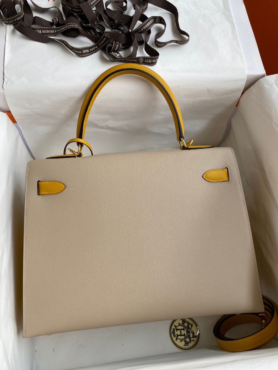 Hermes Kelly Sellier 32 Bicolor Bag in Trench and Yellow Epsom Calfskin - Image 3