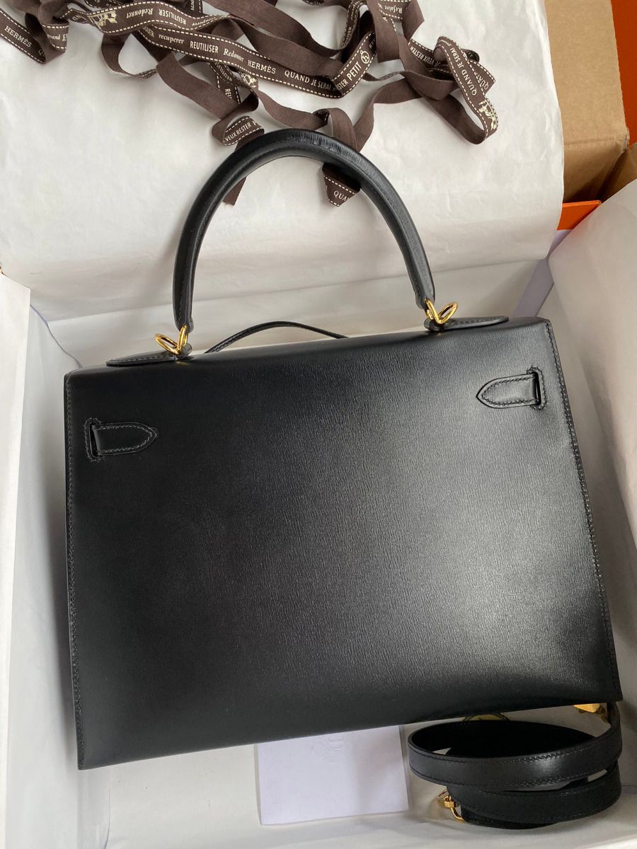 Hermes Kelly Sellier 32 Handmade Bag In Black Box Calfskin - Image 3