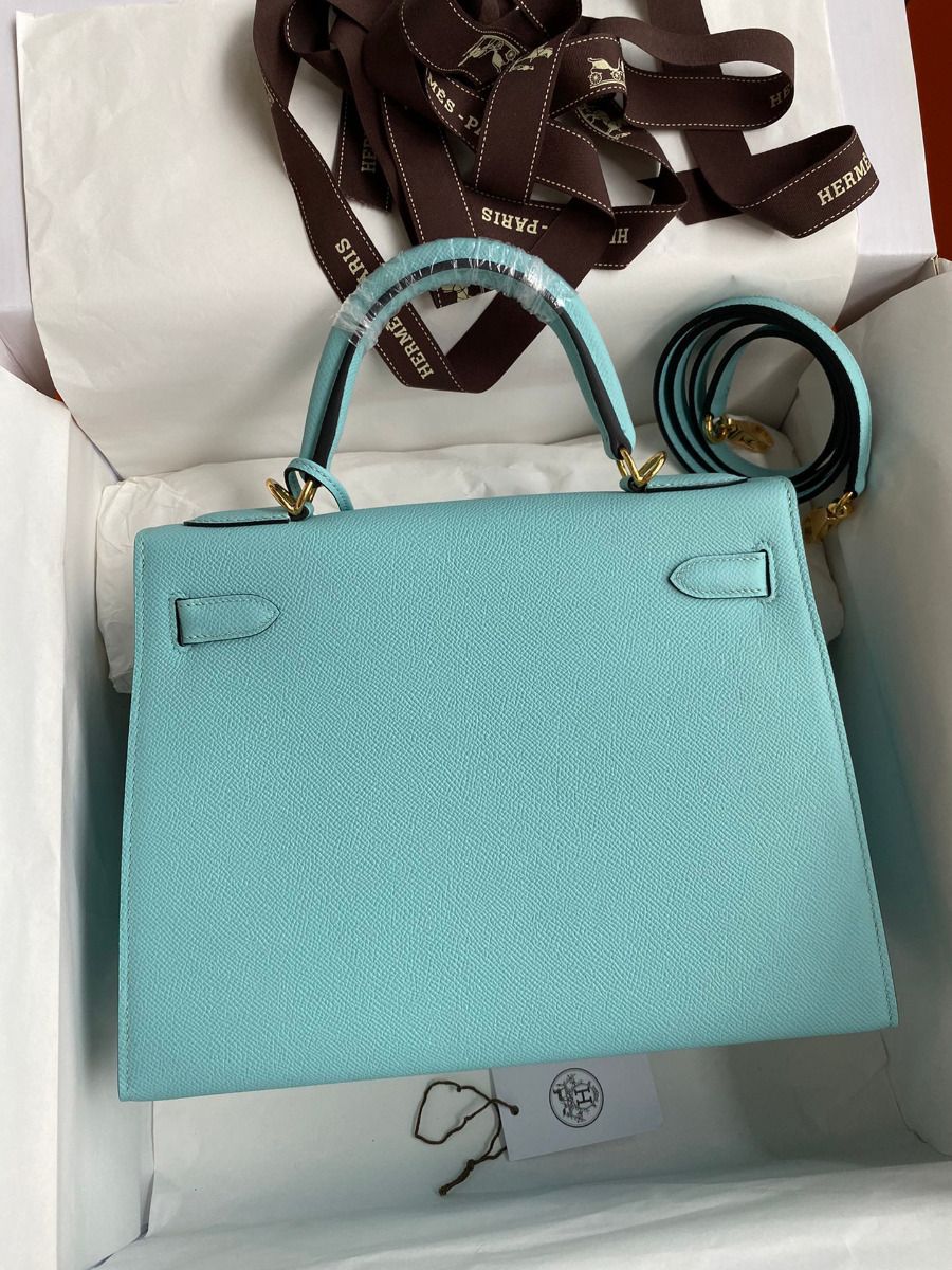 Hermes Kelly Sellier 32 Handmade Bag Blue Atoll Black Epsom Calfskin - Image 3