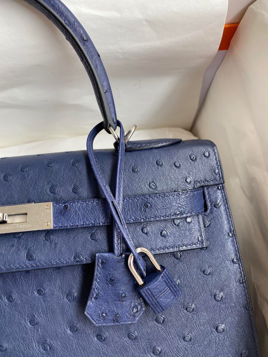 Hermes Kelly Sellier 32 Handmade Bag In Blue Iris Ostrich Leather - Image 4