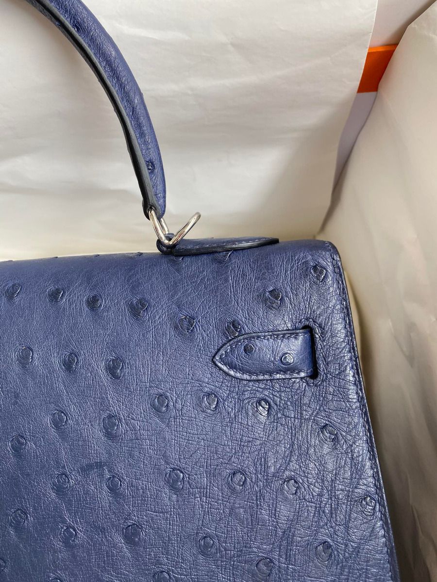 Hermes Kelly Sellier 32 Handmade Bag In Blue Iris Ostrich Leather - Image 5