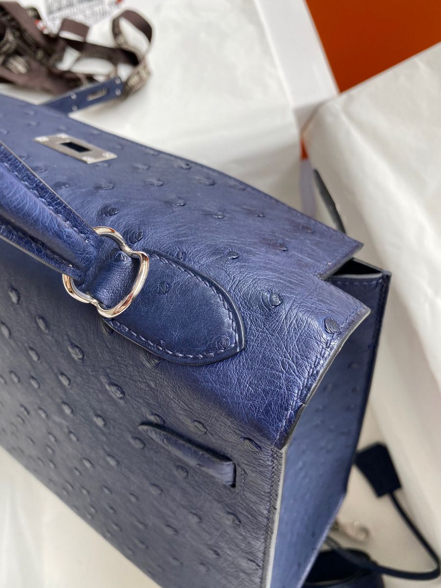 Hermes Kelly Sellier 32 Handmade Bag In Blue Iris Ostrich Leather - Image 7