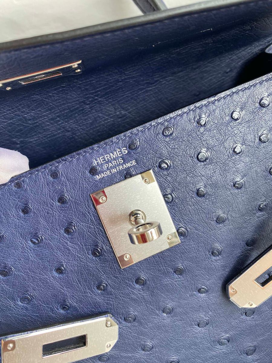 Hermes Kelly Sellier 32 Handmade Bag In Blue Iris Ostrich Leather - Image 8