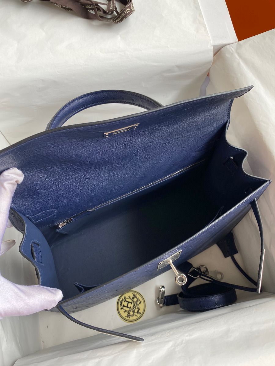 Hermes Kelly Sellier 32 Handmade Bag In Blue Iris Ostrich Leather - Image 9