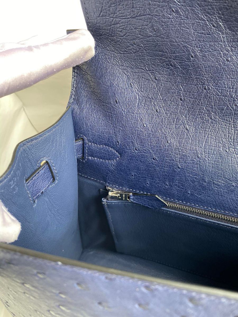 Hermes Kelly Sellier 32 Handmade Bag In Blue Iris Ostrich Leather - Image 10